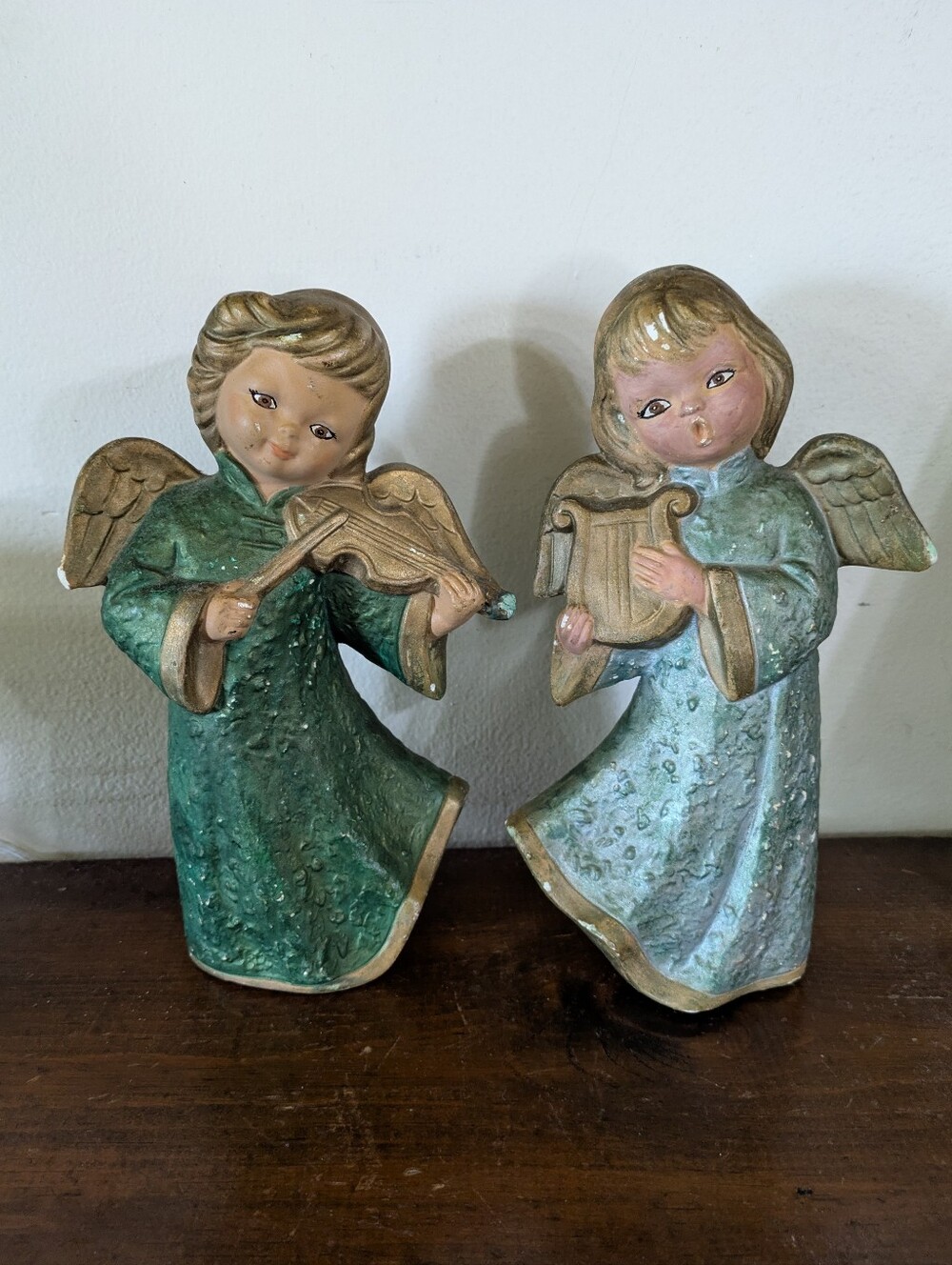 Vintage Mid Century Angel Figurines Pair - Green & Blue Christmas Decor MCM Farm